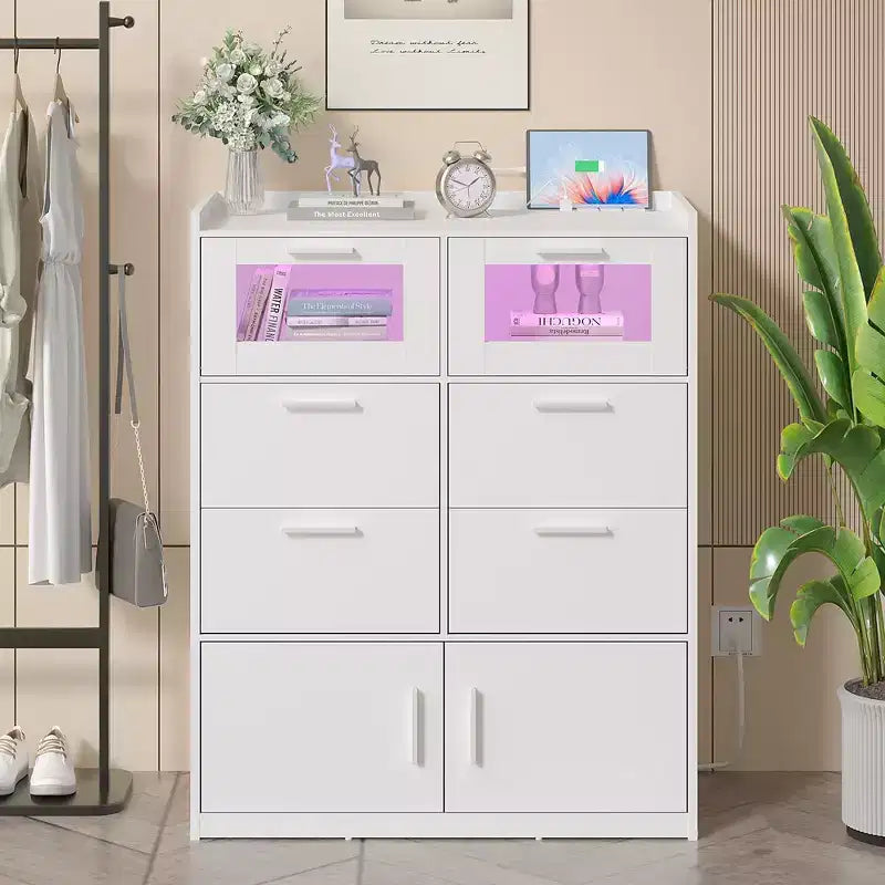 VECELO White Dresser Tall Modern Makeup Vanity Table with LED Lights & Charging Station