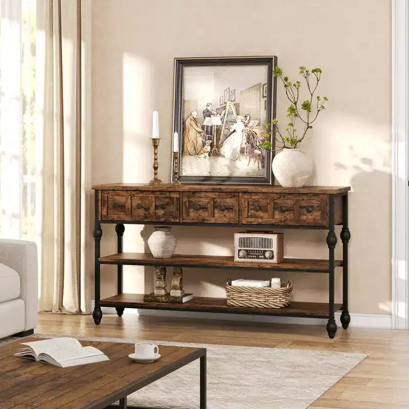 Console Sofa Table 53, Entryway Table with 3 Drawers, 3 Tier Sofa Table, Open Shelf Couch Table