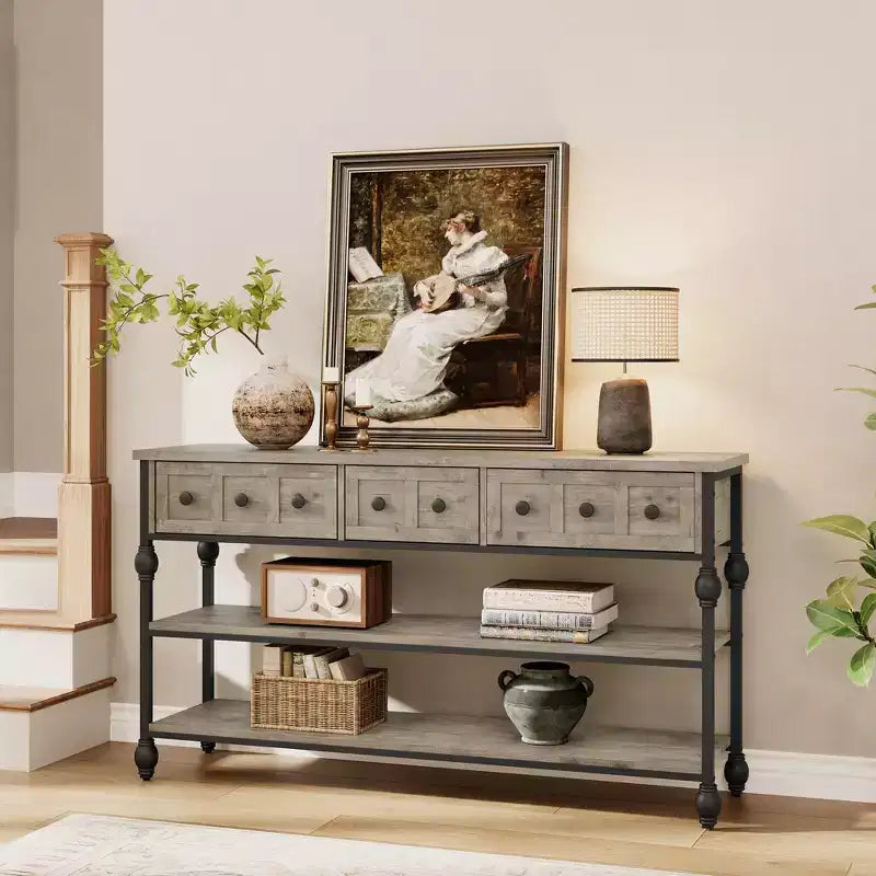 Consolle Marrone/Grigia con 3 Cassetti e Ripiani Aperti, Tavolino da Ingresso/Divano da 132 cm per 1