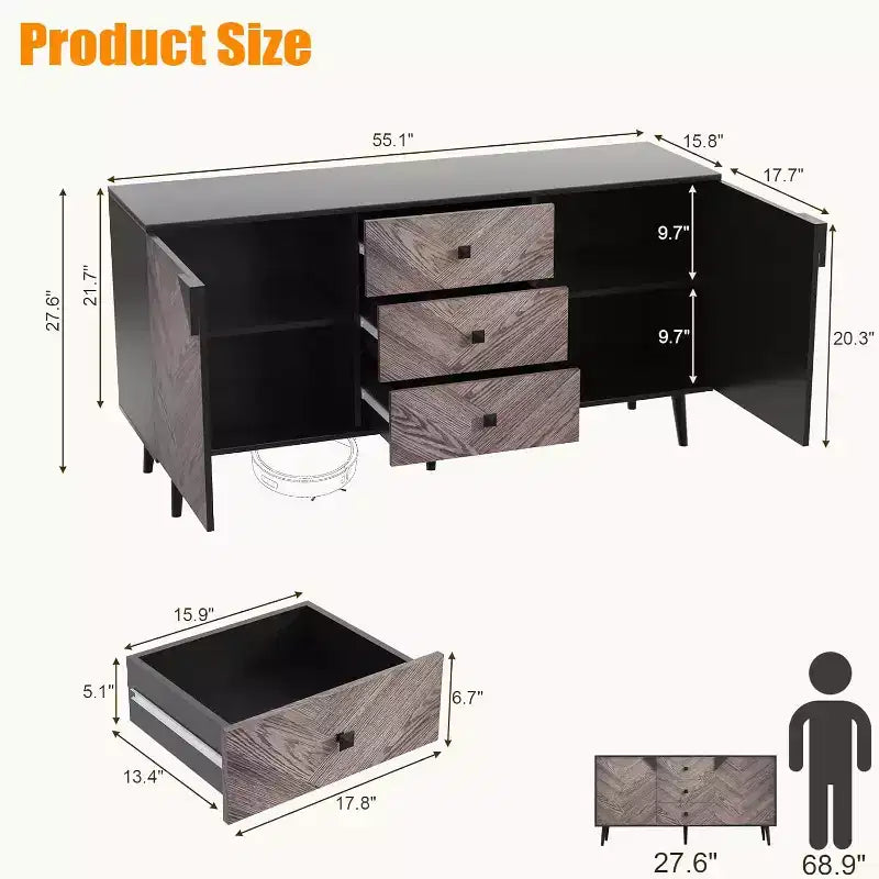 Mobile credenza/buffet a 3 cassetti e 2 ante, nero e venatura del legno