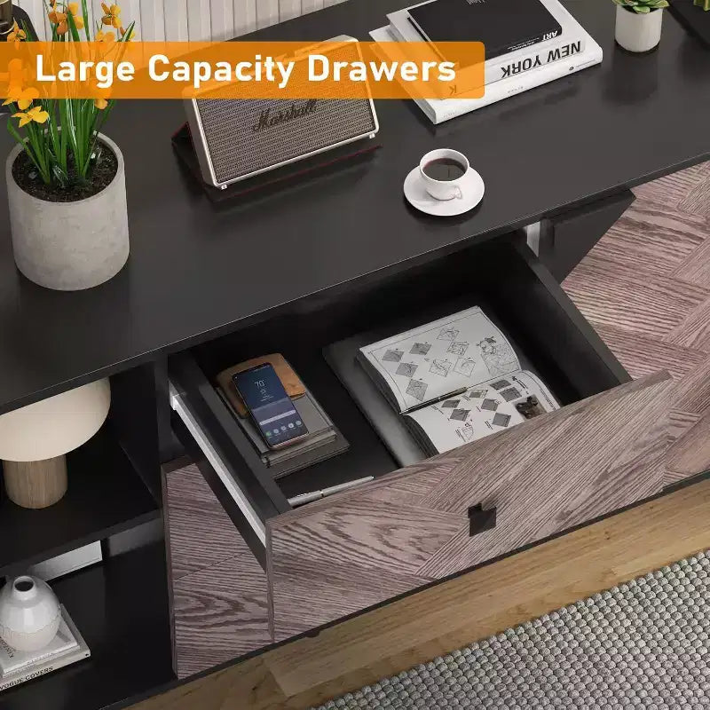 Mobile credenza/buffet a 3 cassetti e 2 ante, nero e venatura del legno
