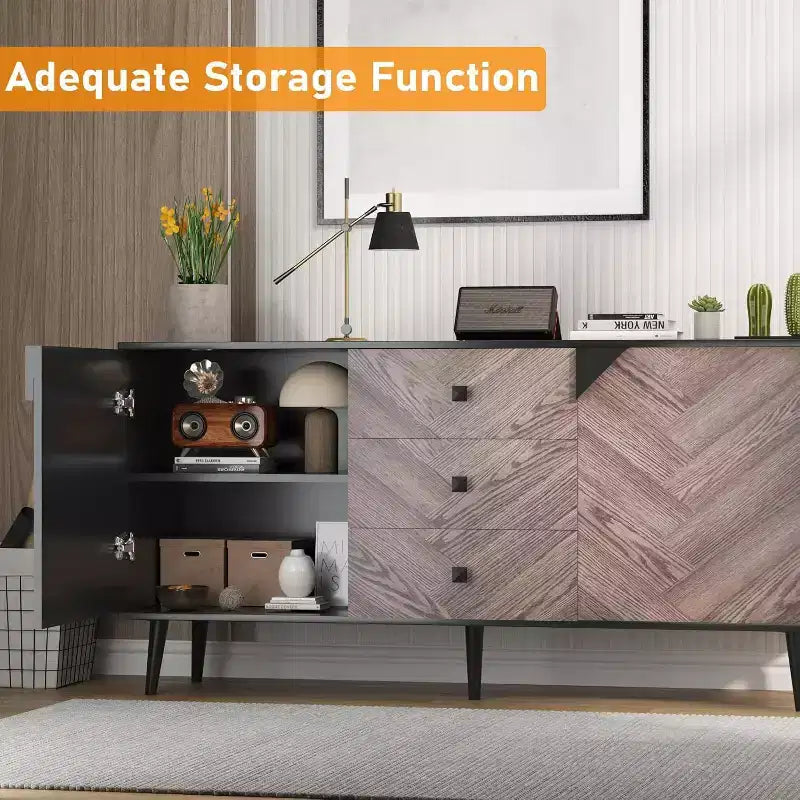 Mobile credenza/buffet a 3 cassetti e 2 ante, nero e venatura del legno