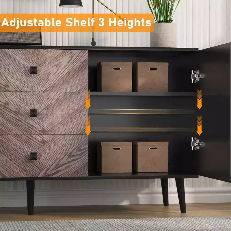 Mobile credenza/buffet a 3 cassetti e 2 ante, nero e venatura del legno