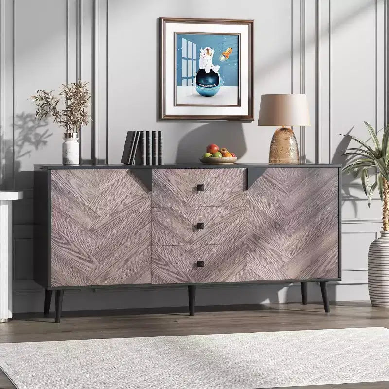 Mobile credenza/buffet a 3 cassetti e 2 ante, nero e venatura del legno