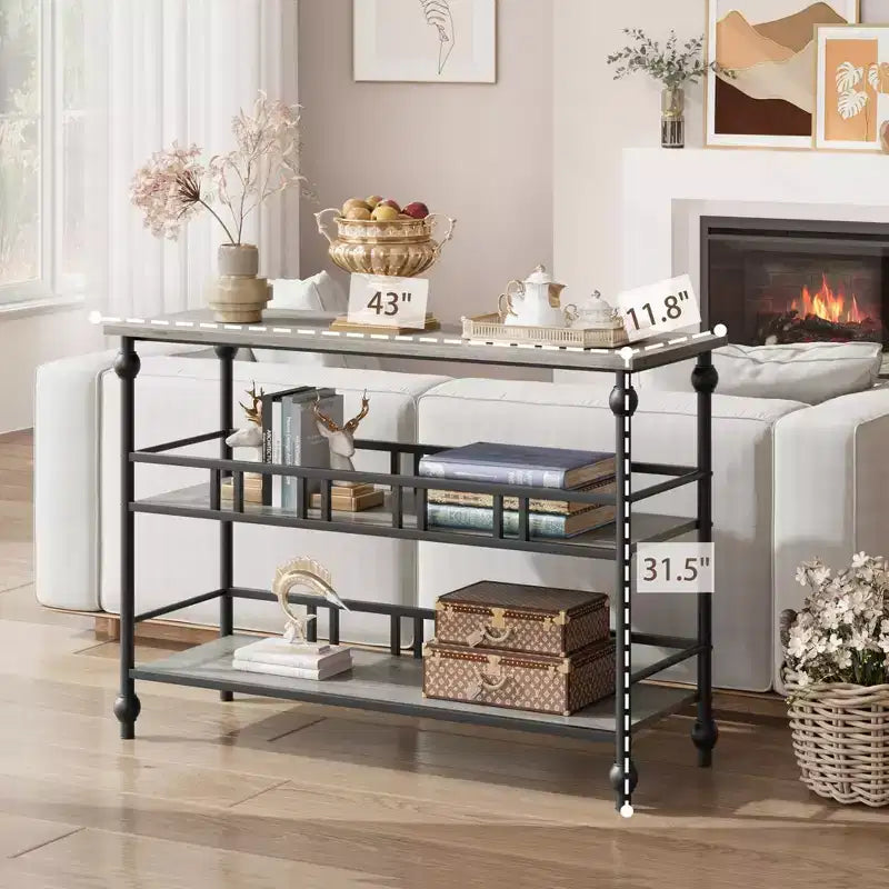 Consolle a 3 ripiani marrone/grigio, tavolino da divano stretto da 43" per 1-2 persone, stile rustico