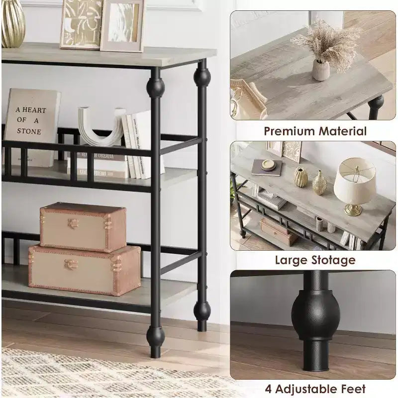 Consolle a 3 ripiani marrone/grigio, tavolino da divano stretto da 43" per 1-2 persone, stile rustico