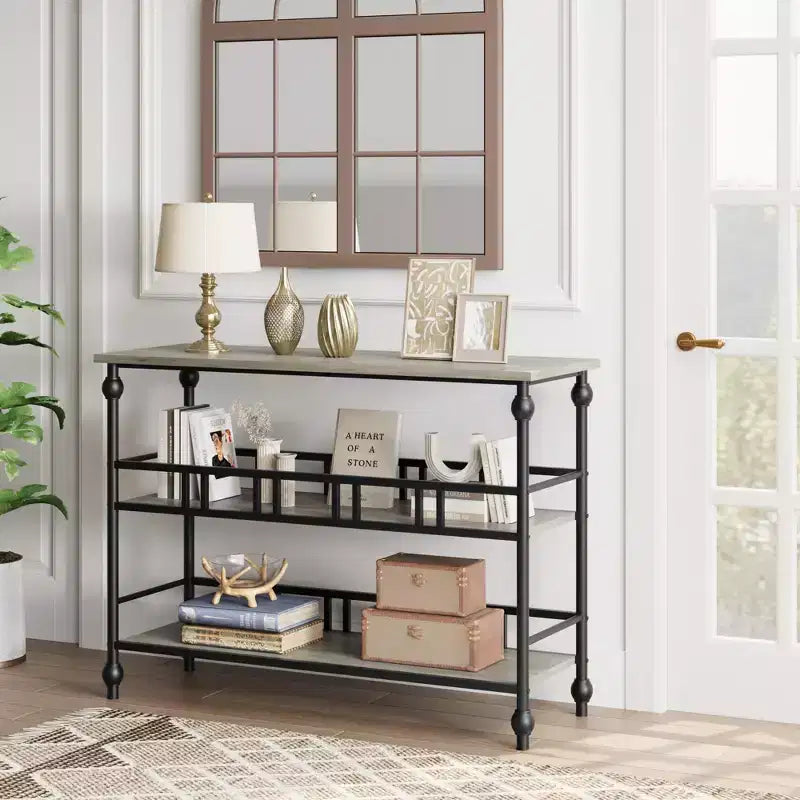 Consolle a 3 ripiani marrone/grigio, tavolino da divano stretto da 43" per 1-2 persone, stile rustico