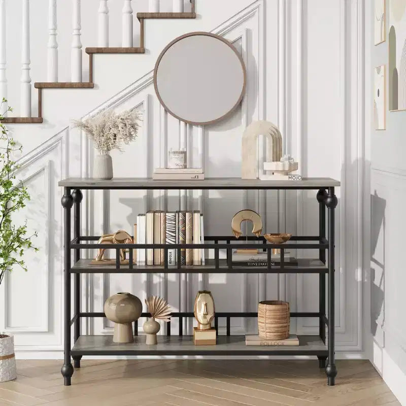 Consolle a 3 ripiani marrone/grigio, tavolino da divano stretto da 43" per 1-2 persone, stile rustico
