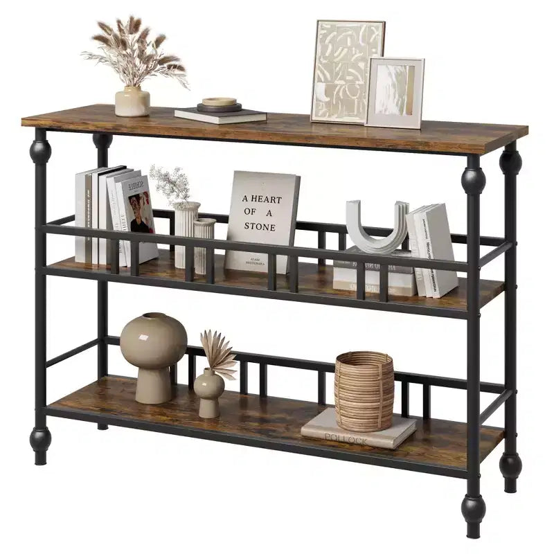 Consolle a 3 ripiani marrone/grigio, tavolino da divano stretto da 43" per 1-2 persone, stile rustico