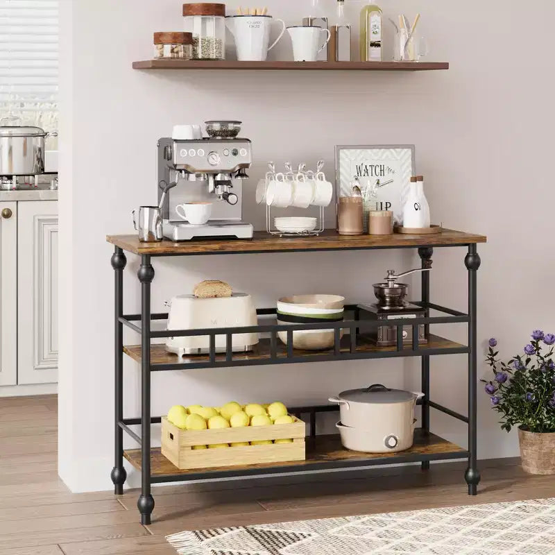 Consolle a 3 ripiani marrone/grigio, tavolino da divano stretto da 43" per 1-2 persone, stile rustico