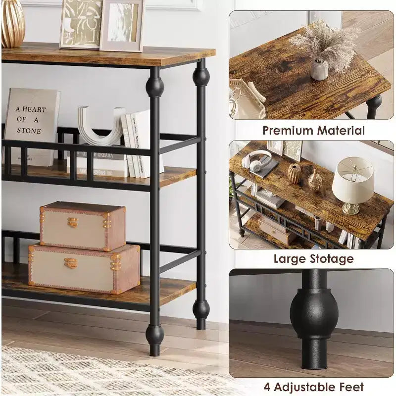 Consolle a 3 ripiani marrone/grigio, tavolino da divano stretto da 43" per 1-2 persone, stile rustico