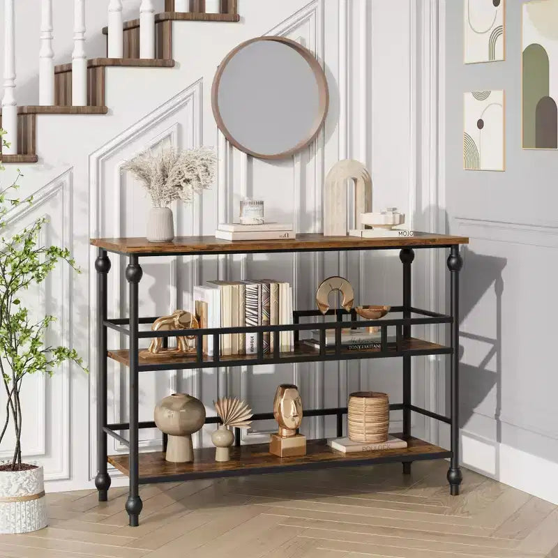 Consolle a 3 ripiani marrone/grigio, tavolino da divano stretto da 43" per 1-2 persone, stile rustico