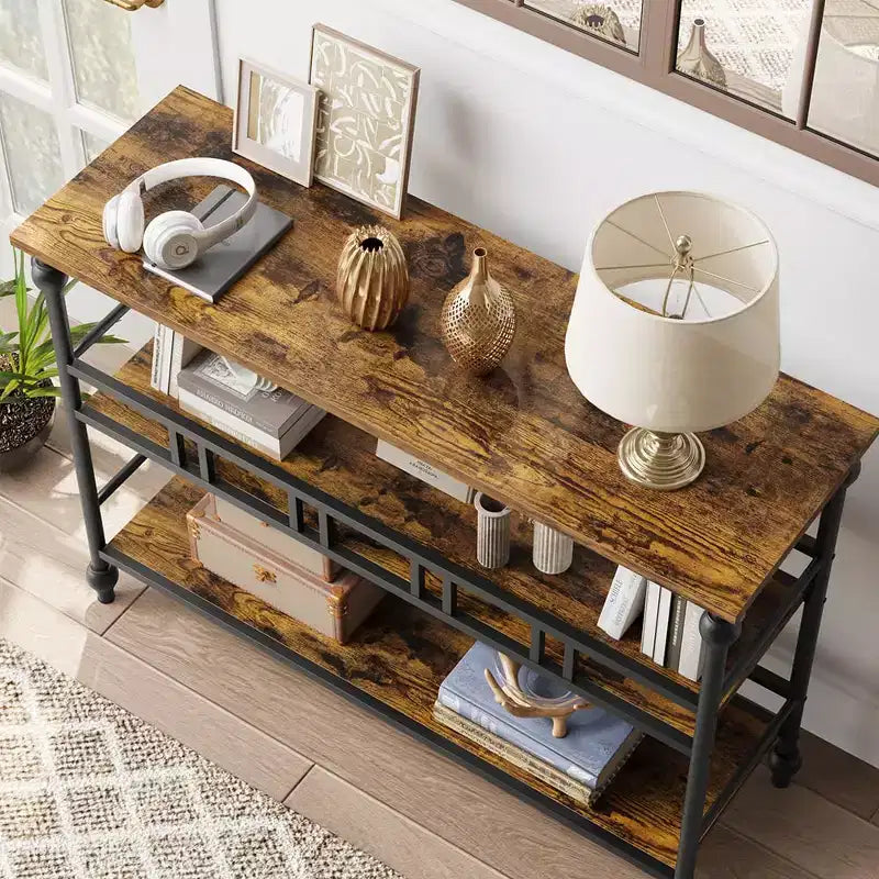 Consolle a 3 ripiani marrone/grigio, tavolino da divano stretto da 43" per 1-2 persone, stile rustico