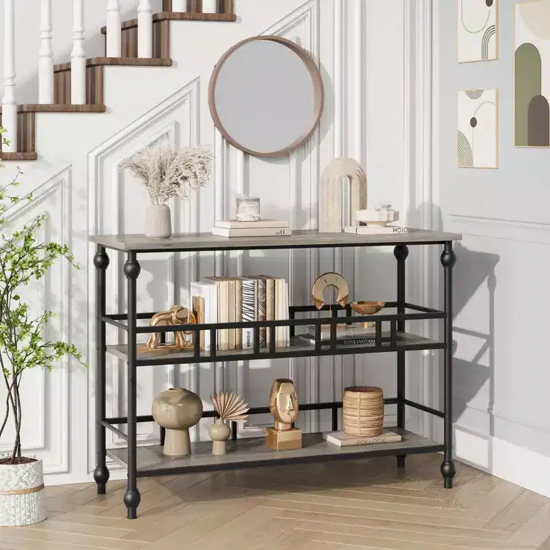 Consolle a 3 ripiani marrone/grigio, tavolino da divano stretto da 43" per 1-2 persone, stile rustico