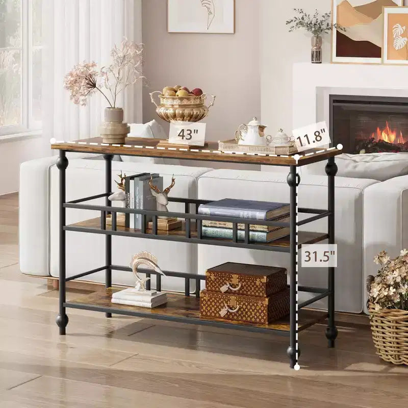 43 Console Table, 3-Tier Entryway Narrow Sofa Table with Shelves, Side Tables for Living Room, Hallway, Bedroom, Rustic, Brown