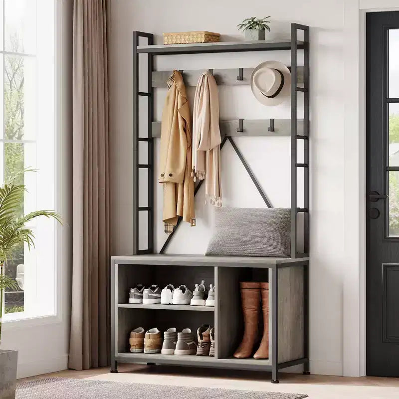 Appendiabiti da ingresso con panca e scarpiera, 8 ganci – Nero/Grigio/Retrò, Organizzatore per ingresso 1