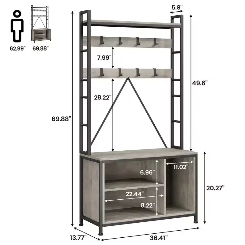 Appendiabiti da ingresso con panca e scarpiera, 8 ganci – Nero/Grigio/Retrò, Organizzatore per ingresso 1