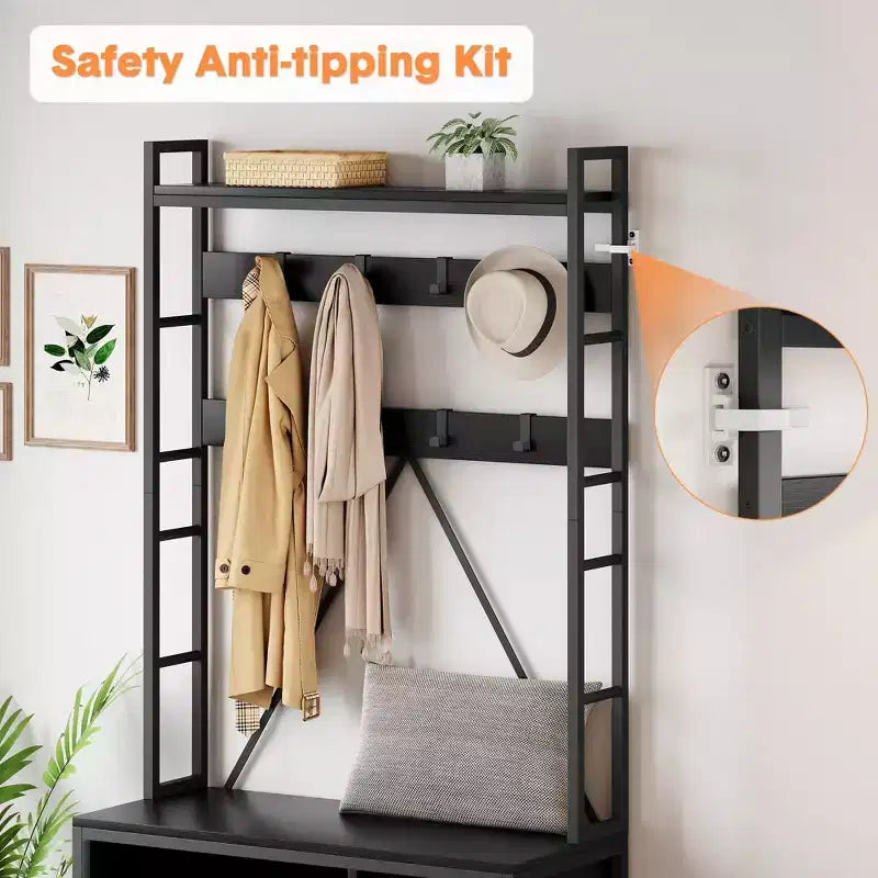 Appendiabiti da ingresso con panca e scarpiera, 8 ganci – Nero/Grigio/Retrò, Organizzatore per ingresso 1