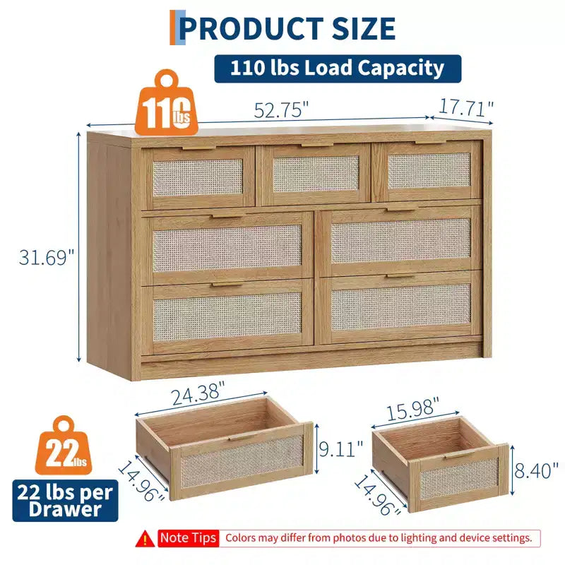 Comò a 7 cassetti in Rattan Legno Scuro / Legno Chiaro, Singolo