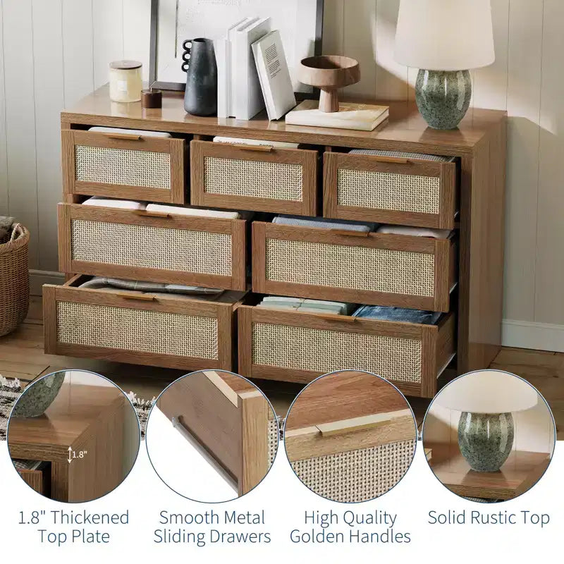 Comò a 7 cassetti in Rattan Legno Scuro / Legno Chiaro, Singolo
