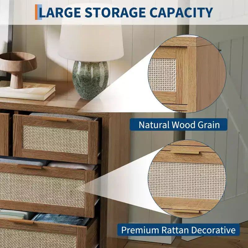Comò a 7 cassetti in Rattan Legno Scuro / Legno Chiaro, Singolo