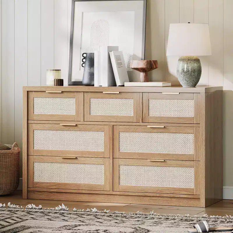 Comò a 7 cassetti in Rattan Legno Scuro / Legno Chiaro, Singolo