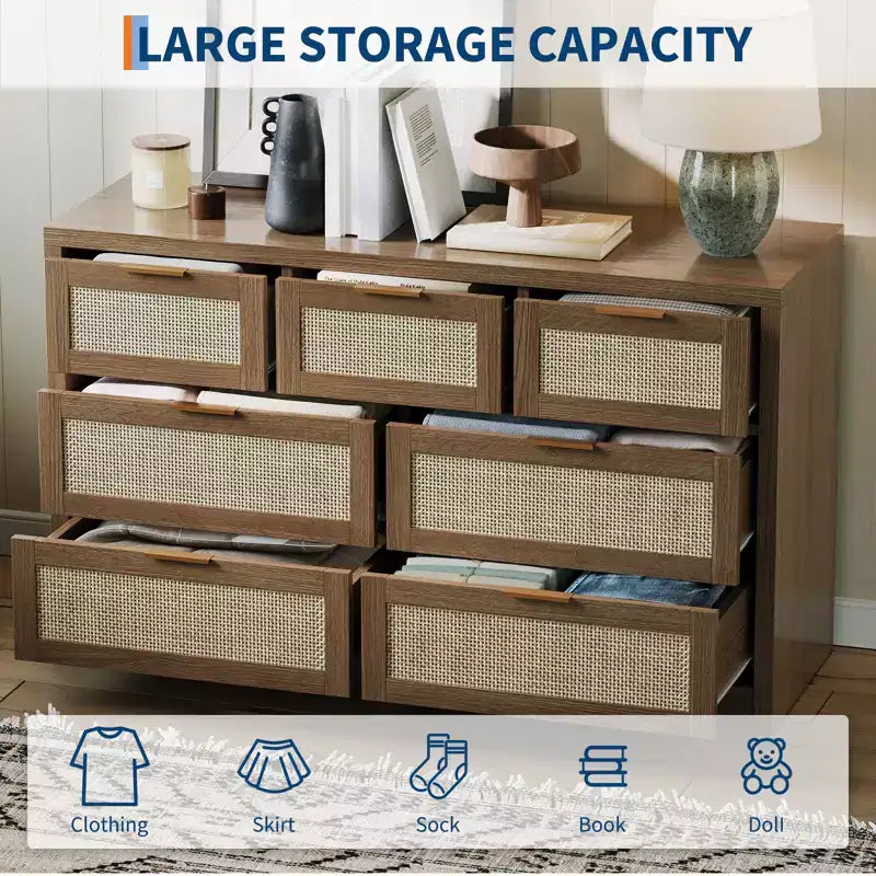Comò a 7 cassetti in Rattan Legno Scuro / Legno Chiaro, Singolo