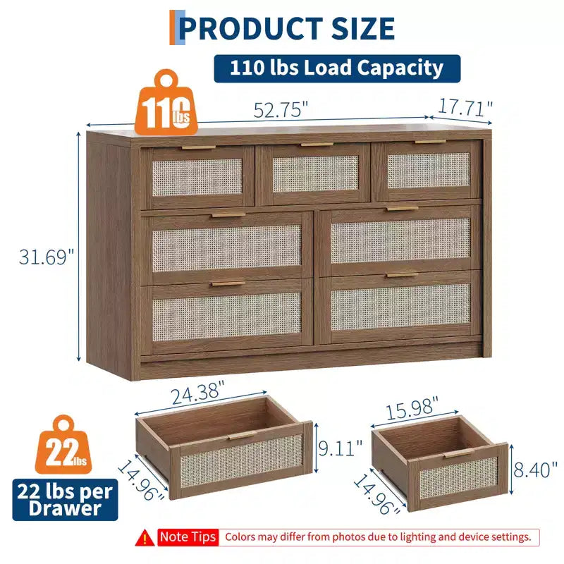 Comò a 7 cassetti in Rattan Legno Scuro / Legno Chiaro, Singolo