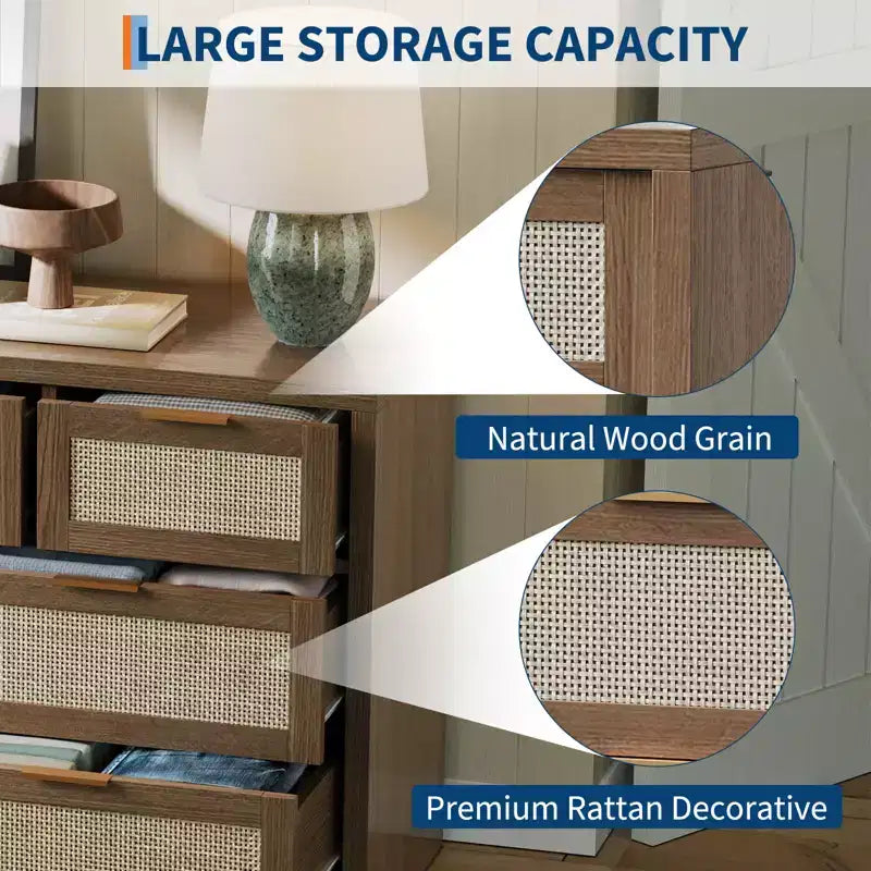 Comò a 7 cassetti in Rattan Legno Scuro / Legno Chiaro, Singolo