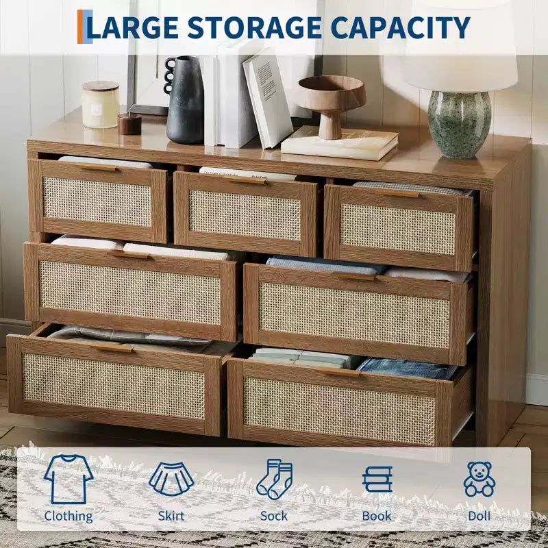 Comò a 7 cassetti in Rattan Legno Scuro / Legno Chiaro, Singolo