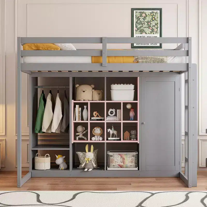 Letto a soppalco in legno Grigio e Rosa / Bianco e Giallo con Armadio e Ripiani, Singolo/Piazza e Mezza, per 1 Bambino