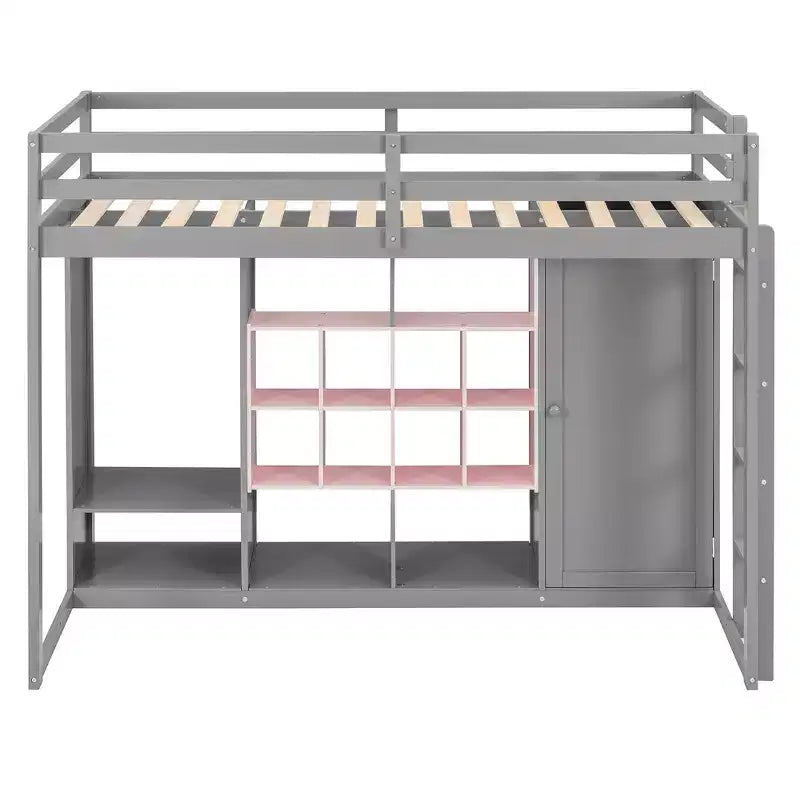 Letto a soppalco in legno Grigio e Rosa / Bianco e Giallo con Armadio e Ripiani, Singolo/Piazza e Mezza, per 1 Bambino