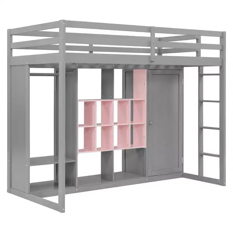 Letto a soppalco in legno Grigio e Rosa / Bianco e Giallo con Armadio e Ripiani, Singolo/Piazza e Mezza, per 1 Bambino