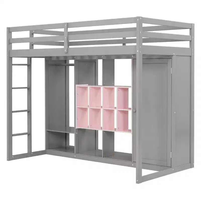 Letto a soppalco in legno Grigio e Rosa / Bianco e Giallo con Armadio e Ripiani, Singolo/Piazza e Mezza, per 1 Bambino