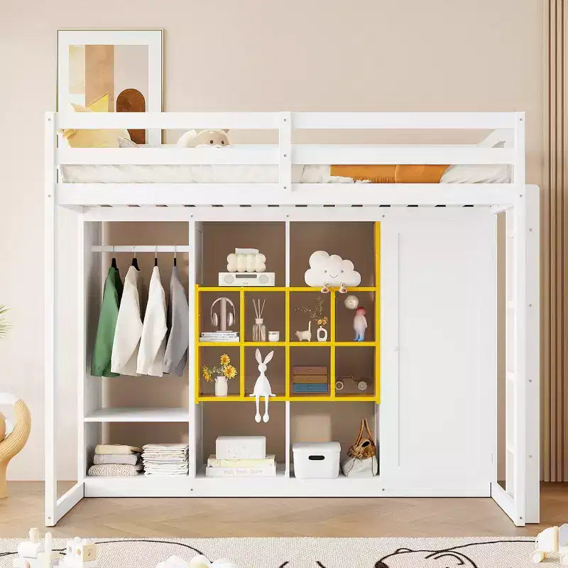 Letto a soppalco in legno Grigio e Rosa / Bianco e Giallo con Armadio e Ripiani, Singolo/Piazza e Mezza, per 1 Bambino