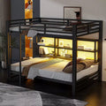 Whisen Metal Queen over Queen Bunk Bed with Ample Storage Cabinets, LED Lighting and Guard Rails - Black