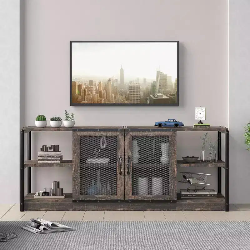 Mobile TV industriale marrone/rovere antico scuro/grigio con ante a rete, adatto per TV fino a 65 pollici