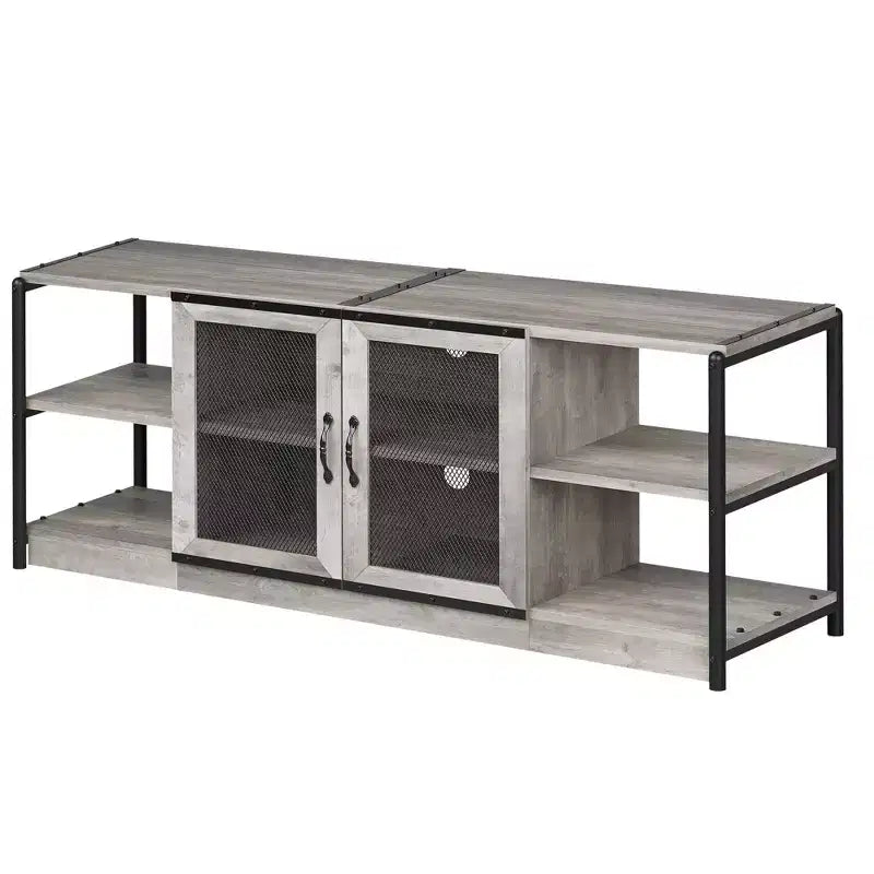 Mobile TV industriale marrone/rovere antico scuro/grigio con ante a rete, adatto per TV fino a 65 pollici