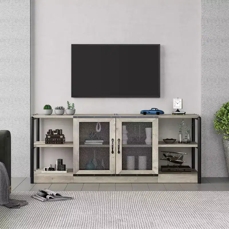 Mobile TV industriale marrone/rovere antico scuro/grigio con ante a rete, adatto per TV fino a 65 pollici