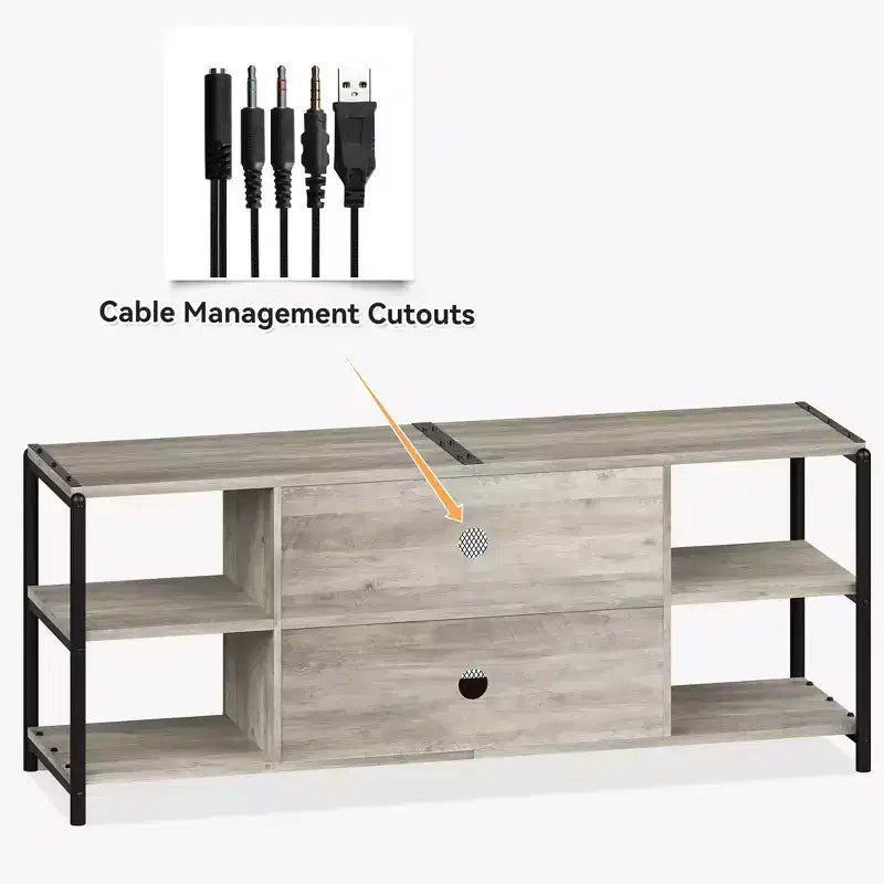 Mobile TV industriale marrone/rovere antico scuro/grigio con ante a rete, adatto per TV fino a 65 pollici