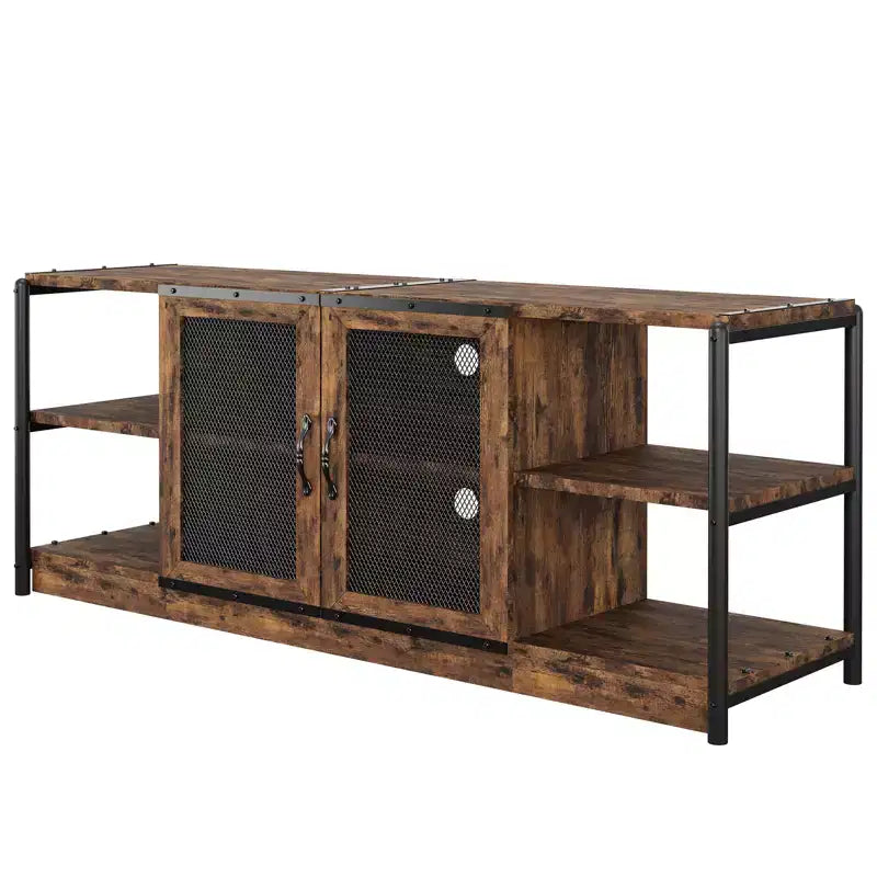 Mobile TV industriale marrone/rovere antico scuro/grigio con ante a rete, adatto per TV fino a 65 pollici