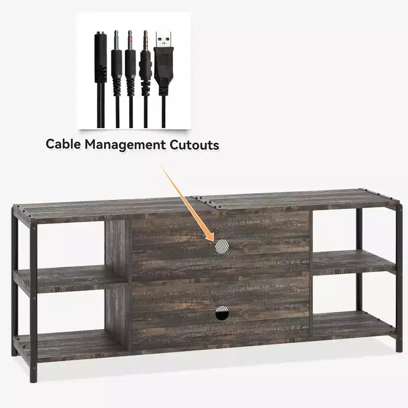 Mobile TV industriale marrone/rovere antico scuro/grigio con ante a rete, adatto per TV fino a 65 pollici