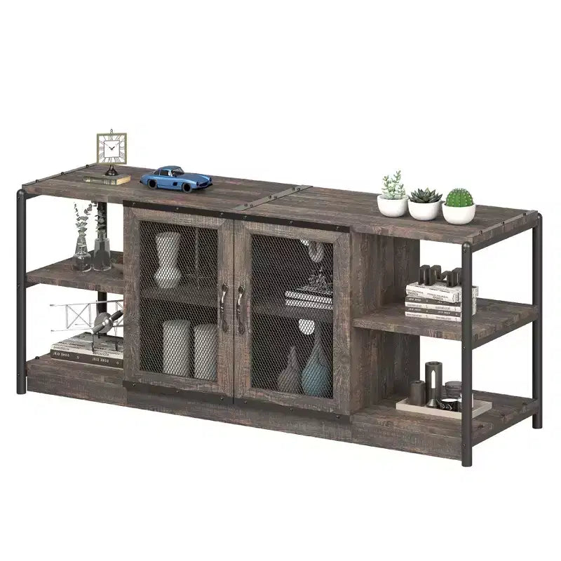 Mobile TV industriale marrone/rovere antico scuro/grigio con ante a rete, adatto per TV fino a 65 pollici