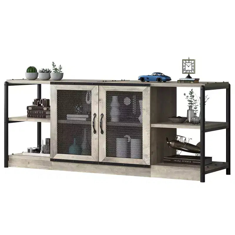 Mobile TV industriale marrone/rovere antico scuro/grigio con ante a rete, adatto per TV fino a 65 pollici