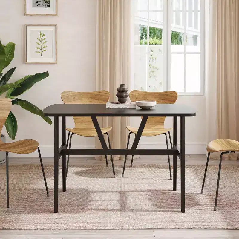 Tavolo da Pranzo Rettangolare Nero per 4-6, Piano in Legno e Struttura in Metallo