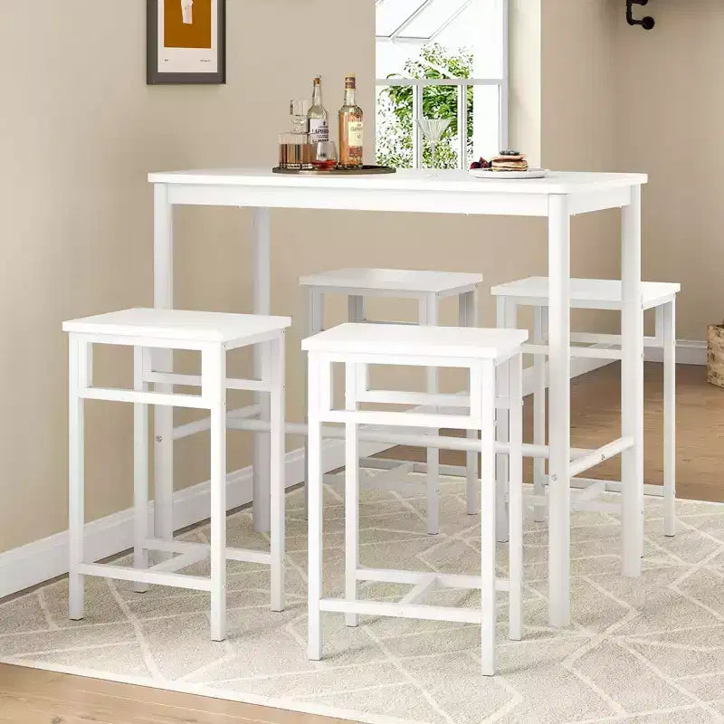 Tavolo da bar rettangolare bianco, 4 posti, piano in metallo e legno