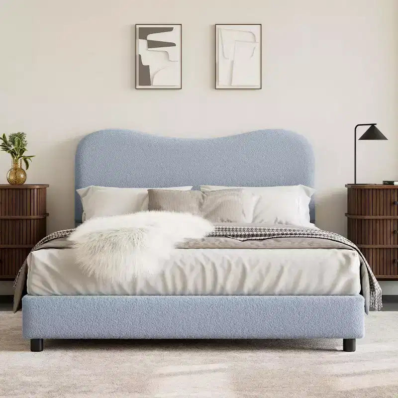 Struttura letto imbottita in bouclé Rosa/Azzurro Nuvola, Matrimoniale francese/Matrimoniale standard, 1 persona