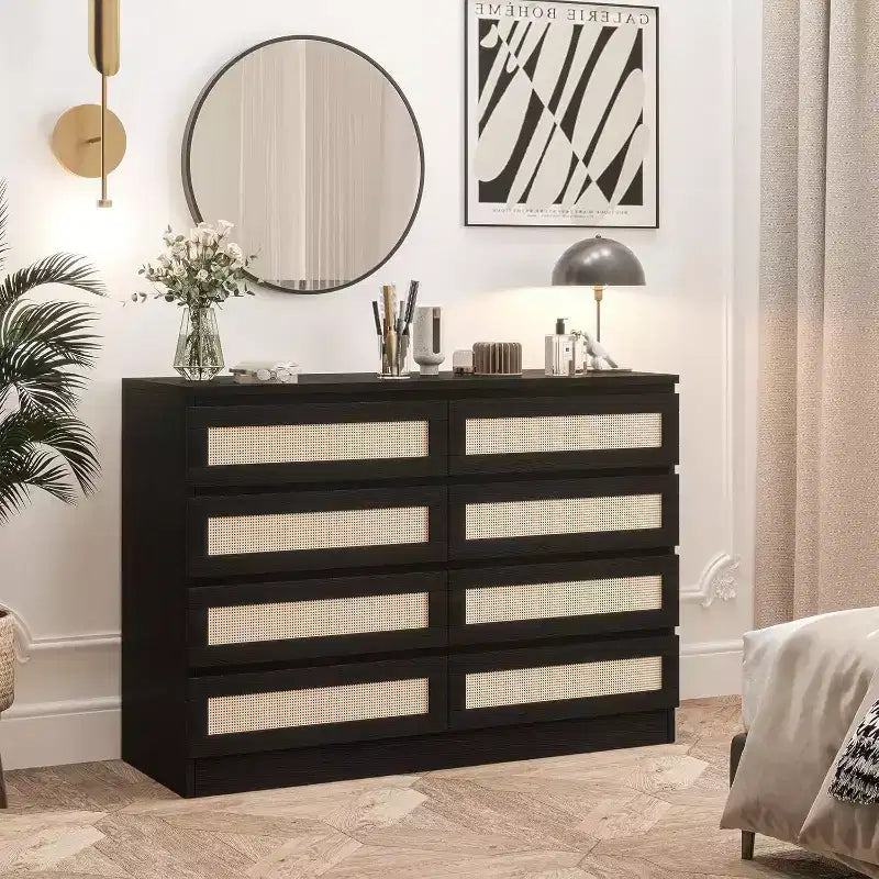 Comò a 8 cassetti in rattan Nero/Rovere/Bianco, cassettiera in MDF per 1 persona