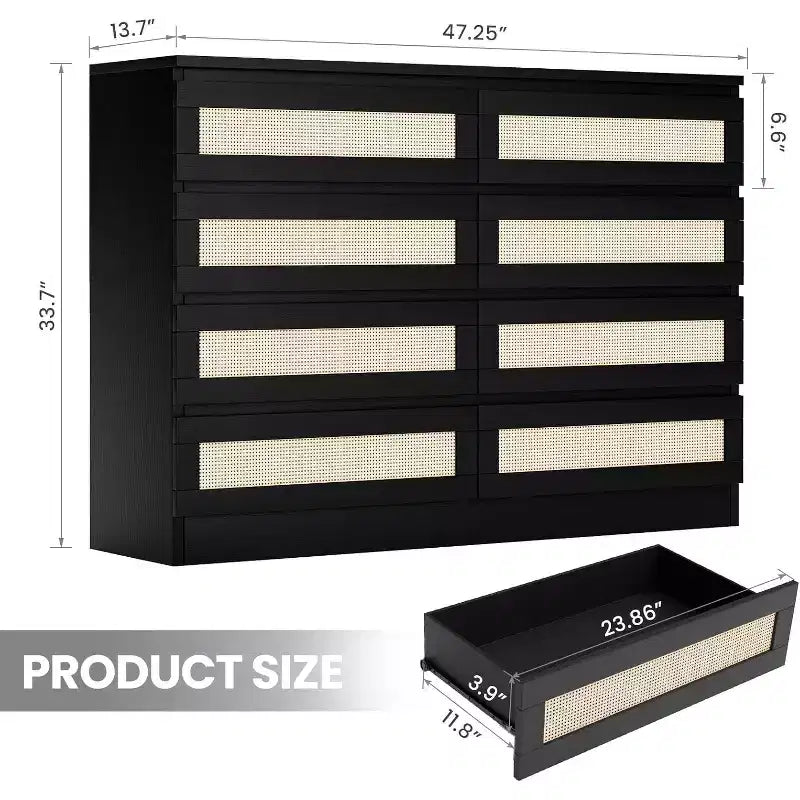 Comò a 8 cassetti in rattan Nero/Rovere/Bianco, cassettiera in MDF per 1 persona
