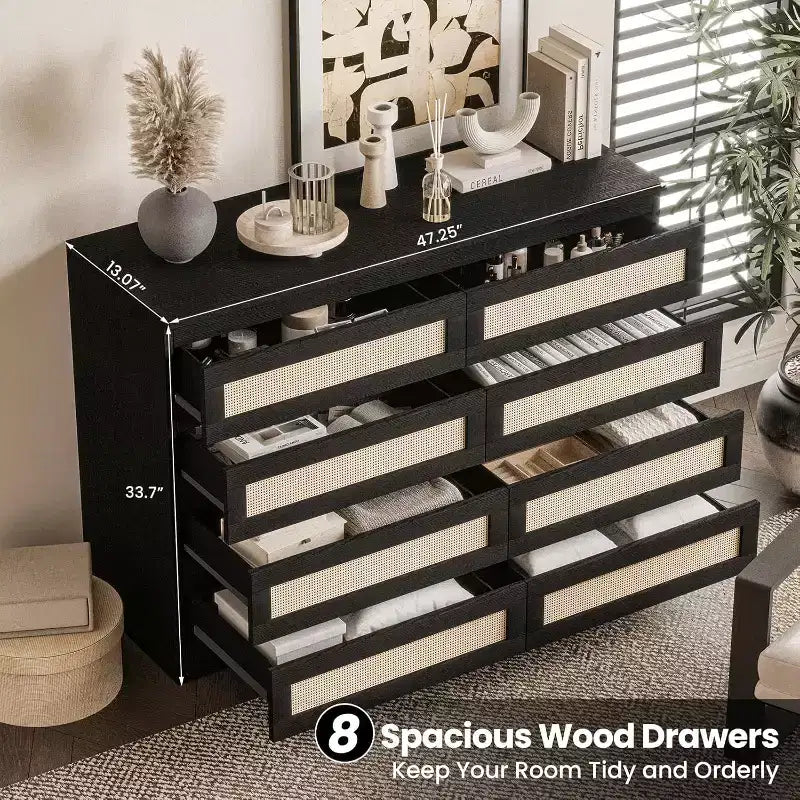 Comò a 8 cassetti in rattan Nero/Rovere/Bianco, cassettiera in MDF per 1 persona